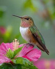 Fototapeta premium A Beautiful Hummingbird on a Vibrant Pink Flower Symbolizes Conservation Efforts to Protect Our Planet