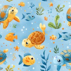 Obraz premium seamless pattern of cartoon clownfish, jellyfish, starfish, and corals, pastel color palette, kawaii style