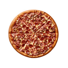 Delicious pepperoni pizza with a golden crust, perfectly baked and topped with melted cheese and savory pepperoni slices, isolated on a white background.
