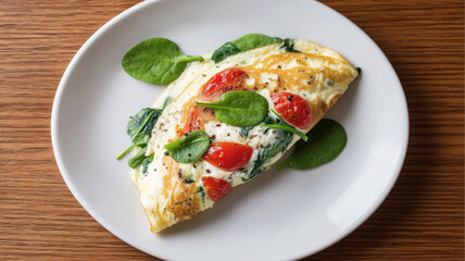 A fresh spinach and tomato omelette served on a white plate atop a wooden table.