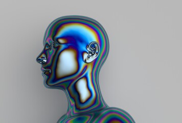 3D illustration of a stylized human bust with an iridescent, multicolored metallic texture. The abstract, futuristic figure stands out against a plain gray background, giving a modern, surreal effect.