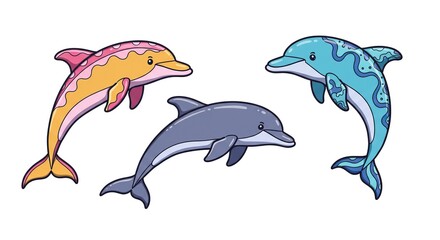 Fototapeta premium Three Dolphins Jumping Ocean Cartoon Illustration