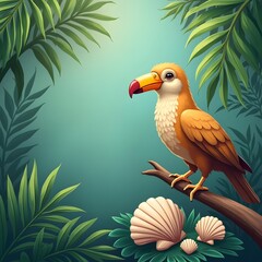Tropical Serenity: Tan Oil on Leafy Perch with Seashells on Teal Jungle Background
