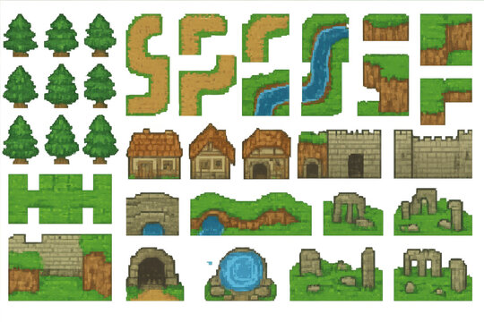 Detailed Game Asset Collection for 2D Environments and Landscapes
