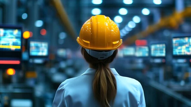 A back view of a female worker with a hard hat, managing factory automation by observing the operational data on a series of monitors, ensuring the seamless functioning of the prod