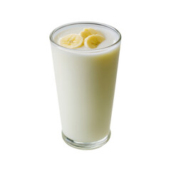 Fresh banana smoothie in a clear glass, topped with banana slices, perfect for a healthy snack or breakfast option.