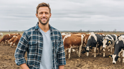 Smiling male farmer standing in front of grazing cows on open farmland under cloudy sky during daytime