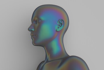 3D illustration of a stylized human bust with an iridescent, multicolored metallic texture. The abstract, futuristic figure stands out against a plain gray background, giving a modern, surreal effect.