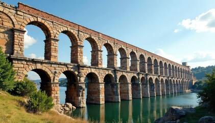 Obraz premium Ancient Roman aqueduct, weathered stone, historical architecture, impressive engineering feat, sunny day , landmark, sky