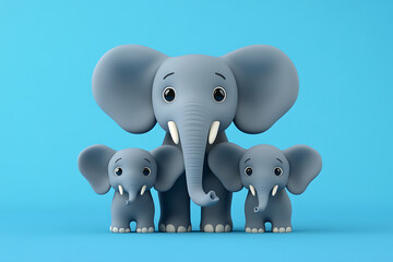 Fototapeta premium Cute cartoon elephants standing together on a bright blue background, showcasing family bond and playfulness
