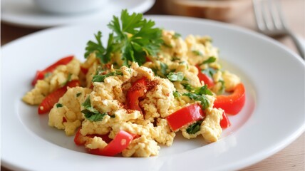Scrambled eggs with red bell peppers and fresh herbs garnished with parsley, served on a white plate.
