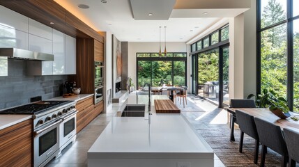 Modern open concept kitchen with dining area and outdoor view