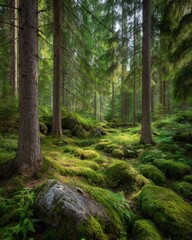 Fototapeta premium A Stunning Boreal Forest with Lush Moss and Majestic Trees Supporting Ecosystem Biodiversity and Conservation Efforts