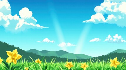 Fototapeta premium Cartoon Daffodils in Field with Mountains and Clouds Illustration Sunny Day Landscape