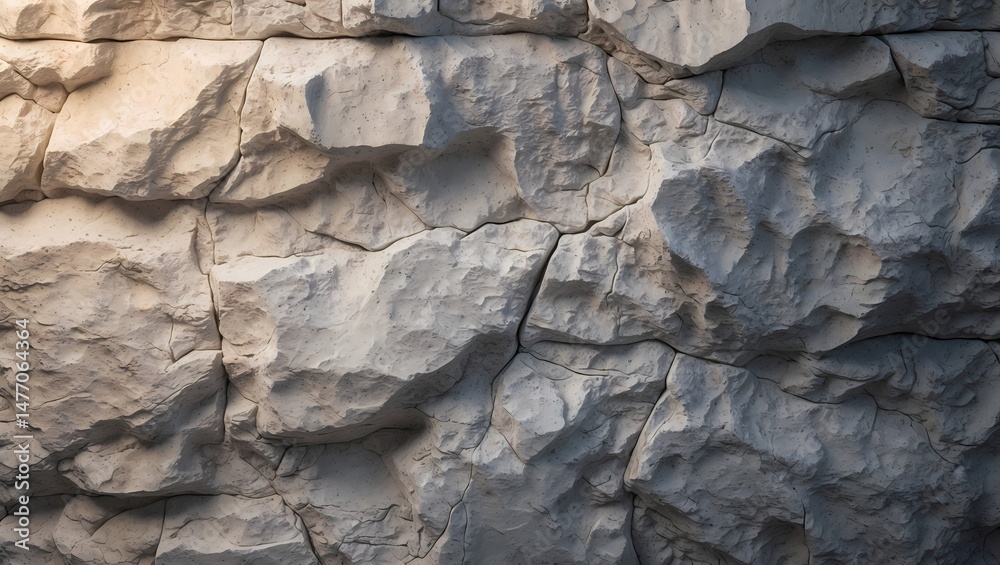 Poster detailed texture and rugged surface of a stone wall illuminated by natural light, highlighting its i