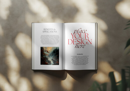 Open Journal Mockup on Natural Shadowed Background &ndash; Realistic Two-Page Layout for Editorial and Print Design Presentations