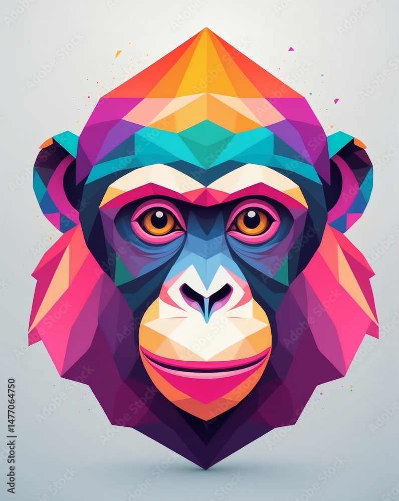 Poster vibrant low poly monkey portrait: a colorful geometric representation of a monkey face, capturing at