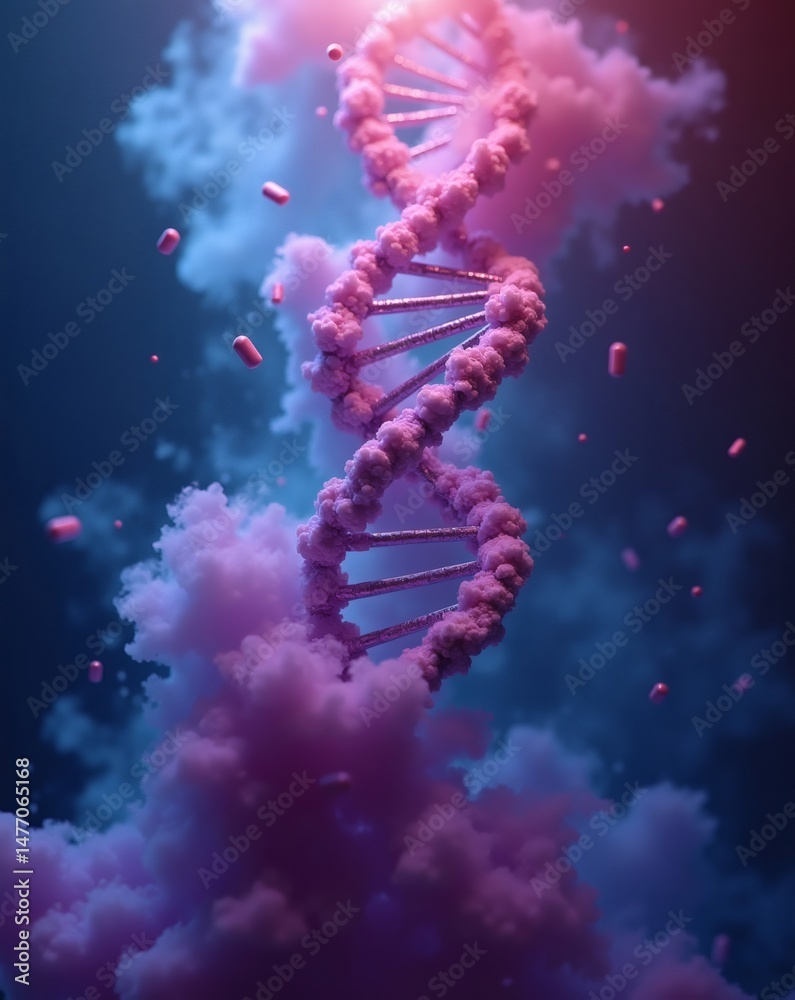Poster a stunning 3d render of a dna double helix emerging from a cloud of colorful smoke, representing the