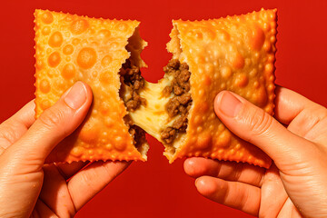 Hands pulling apart a crispy pastel stuffed with meat and cheese