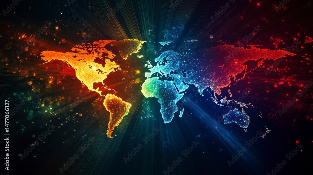 Poster glowing world map with vibrant colors and light rays.