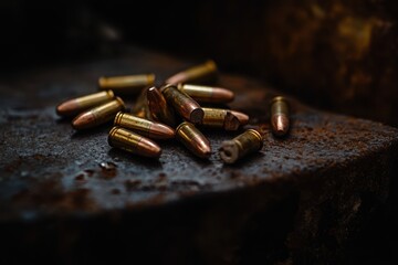 Bullets on Rusty Metal Surface Close Up Still Life Dark Moody Lighting Ammunition Weaponry Firearms