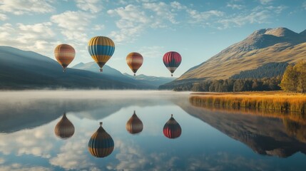 Colorful hot air balloons reflecting serenely over a tranquil lake, nestled amidst misty mountains