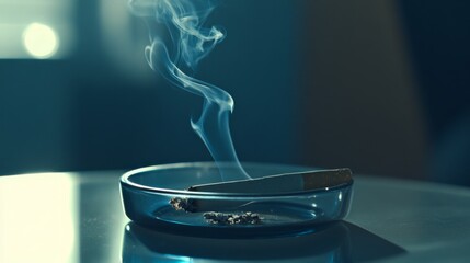 A half-smoked cigarette in a sleek ashtray, with smoke rising gently, casting shadows in a dimly lit room