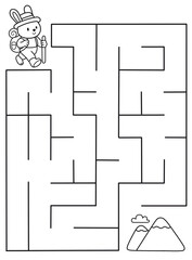 Maze activity sheet for children. Cute maze for kids. Kids labyrinth puzzle. Black and white maze puzzle game for children with cute rabbit illustration.