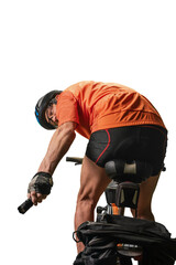 Professional man cyclist with stun gun defending against stray animal. Outdoor cyclist carrying pet safety accessories, including stun gun and ultrasonic dog repeller