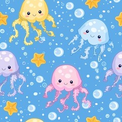 seamless pattern of cartoon clownfish, jellyfish, starfish, and corals, pastel color palette, kawaii style