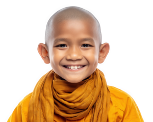 Young Thai boy monk smiles brightly, showcasing joyful expression. He wears orange robe and matching scarf, creating warm and inviting portrait against transparency background