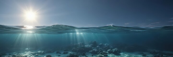 Deep blue tranquil ocean, sun rays illuminate underwater scene, gentle waves , scene, beautiful