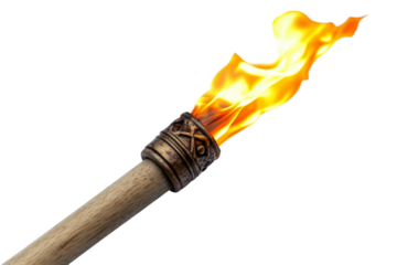 Ancient Torch with Fiery Flame . Transparent background PNG