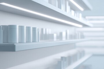 Obraz premium pristine minimalistic close-up of modern department store shelves lined with neatly arranged products capturing their
