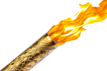 Golden Olympic Torch with Fiery Flame . Transparent background PNG
