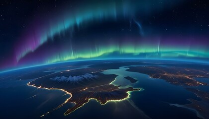 Stunning view of earth with vivid aurora borealis shimmering above the planet.