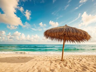 Azure Sky, Sandy Beach, and a Straw Parasol