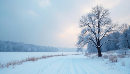 Fototapeta premium Grey winter sky, snow-covered landscape, barren trees Cold, desolate, wintery scene , serene, clouds
