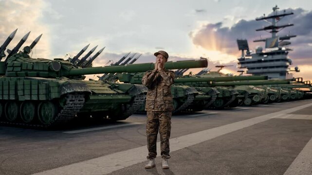 Full Body Of Asian Man Army Soldier Uniform Praying With Tank