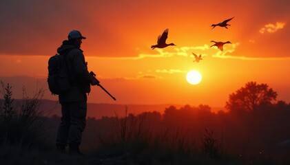 Hunter's silhouette against sunrise, ducks flying overhead , marsh, hunting, pond