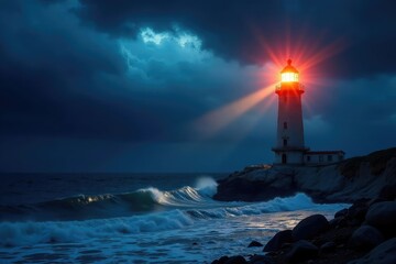 Fototapeta premium Lighthouse beam sweeping across a stormy sea at night , night, rocky
