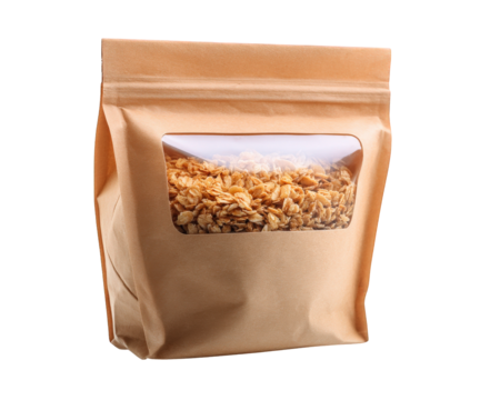 Simple kraft paper pouch with clear window, filled with granola, showcases natural and eco friendly packaging option. This product is perfect for health conscious consumers