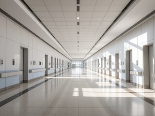 Naklejka premium Clean & Open Hospital Hallway - Bright & Airy Ambiance