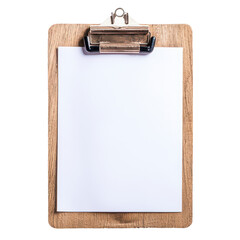 Wooden clipboard with a blank white sheet ready for notes, isolated on a white background.