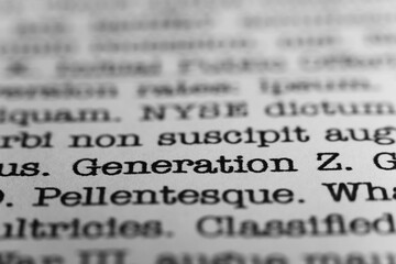 Generation Z. Text printed on a page. A piece of paper with a phrase written in retro typewriter...