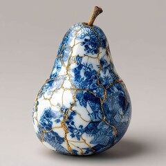 A pear-shaped, blue and gold ceramic jar adorned with floral designs is the focus The background is neutral Soft lighting highlights the artifact without creating harsh shadows - AI-Generated