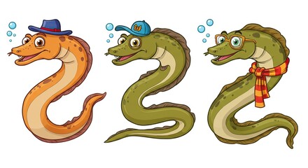 Obraz premium Three Cartoon Eels Wearing Hats and Glasses