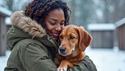 Dark-skinned afro american woman hugging a shy Retriever mix in a snow-dusted winter shelter yard, showcasing the tenderness of rescue and adoption.