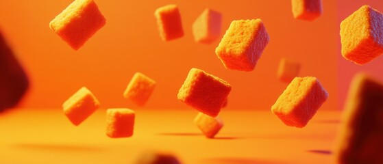 Abstract View of Orange Cubes Floating in Mid Air on Orange Background Studio Shot Conceptual Art
