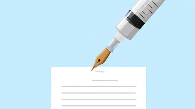 Healthcare policy reform concept with syringe and fountain pen tip symbolizing medical and legal changes